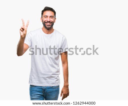 Adult hispanic man over isolated background showing and pointing up with fingers number two while smiling confident and happy.
