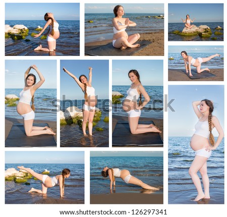 Collage of pregnant woman in sports bra doing exercise in relaxation on yoga pose on sea