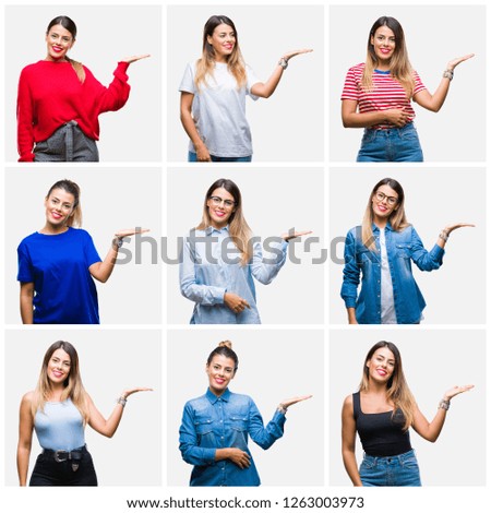 Collage of young beautiful woman over isolated background smiling cheerful presenting and pointing with palm of hand looking at the camera.