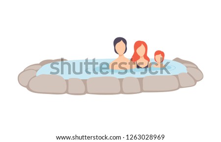Family enjoying outdoor thermal spring, mother, father, and child relaxing in hot water in bath tub vector Illustration on a white background