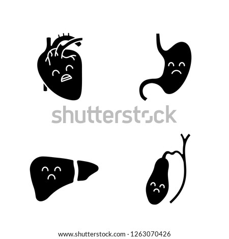Sad human internal organs glyph icons set. Unhappy heart, stomach, liver, gallbladder. Unhealthy cardiovascular and digestive systems. Silhouette symbols. Vector isolated illustration