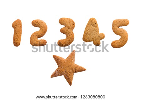 Handmade gingerbread number 1 2 3 4 5 and star isolated on white. Traditional Christmas cookies. Cartoon style symbol. Home made design letter.