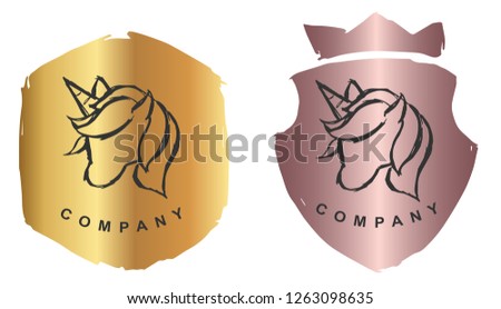 Rose Gold Logo Design of Magical Unicorn Horse with Horn. Vector, Illustration, Hand Drawn and Doodle. EPS10