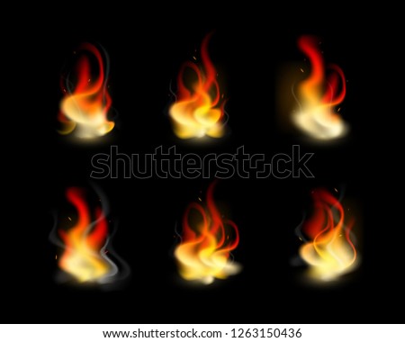 Vector Illustration. Realistic fire. Isolated flame on black background. Flame burn icon set