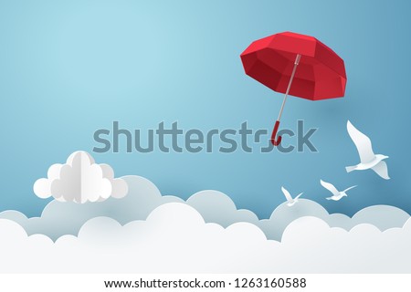 Paper art of red umbrella fly above the cloud on the sky, vector art and illustration. Royalty-Free Stock Photo #1263160588