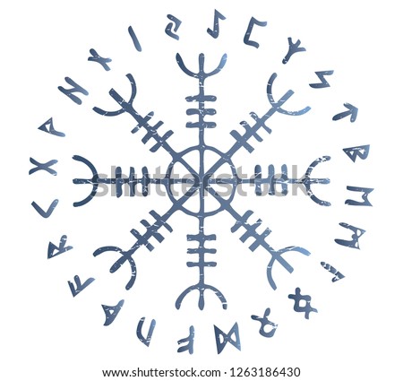Icelandic magic stave distressed vector illustration: Helm of Awe or Terror, also known as Aegishjalmur sigil with futhark runes circle. Royalty-Free Stock Photo #1263186430