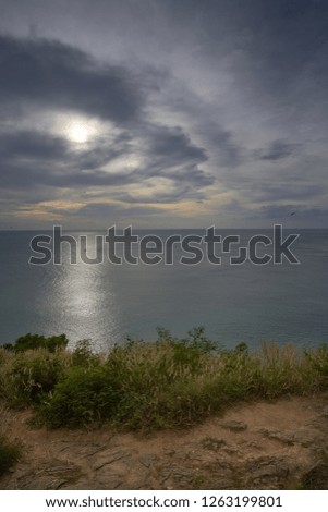 scenic of sunset skyline and seascape with hill and glass flower