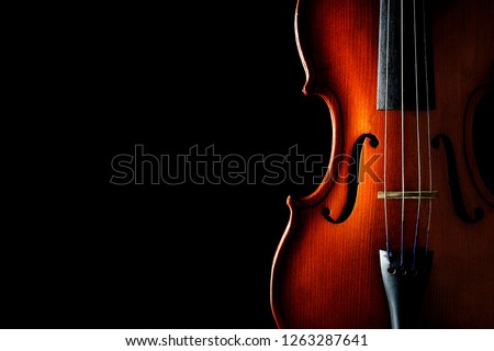 Violin on a black background. Ancient stringed instrument. Classical music. Royalty-Free Stock Photo #1263287641