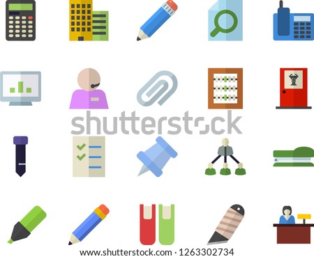 Color flat icon set skyscraper flat vector, stationery knife, marker, clip, computer chart, abacus, magnifier, telephone, phone operator, to do list, tie, pencil, hierarchy, book, stapler, pushpin