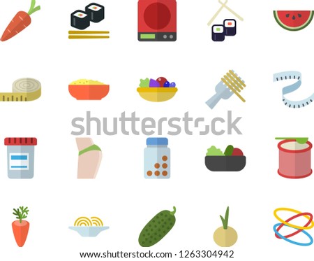Color flat icon set weighing machine flat vector, watermelon, spaghetti on a fork, salad, porridge, carrot, onion, cucumber, fish rolls, vial, centimeter, buttocks, vitamins, steroids, hoop