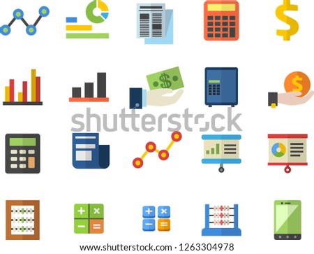 Color flat icon set dollar flat vector, investments, statistics, scatter chart, news, calculator, statistic, abacus, presentaition board, safe fector, mobile