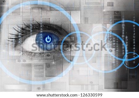 Human eye with power button reflection inside - technology concept Royalty-Free Stock Photo #126330599