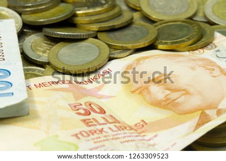 Closeup picture of Turkish lira banknotes with coins. Bunch of cash money on background.	