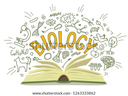 Biology. Open book with doodles with lettering. Education vector illustration. Royalty-Free Stock Photo #1263333862