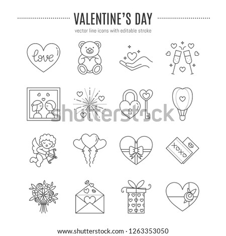 Vector Valentine's Day icon set. Symbols of love - Cupid, flower bouquet, heart, gifts. Linear style, editable stroke