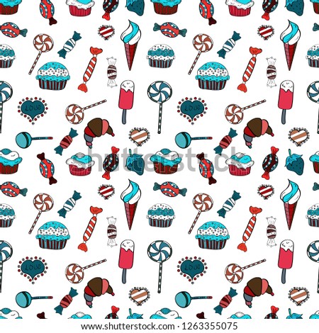 For food poster design. Cake muffin cute seamless pattern. Vector. Nice birthday pattern on white, blue and black.