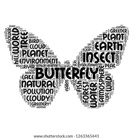 Nature word cloud in butterfly shape, vector file for EPS10