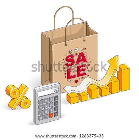 Shopping bag with calculator and growth chart stats and percent, big sale, sellout, retail, Black Friday discount, eco paper bag isolated on white background. Vector 3d isometric illustration.