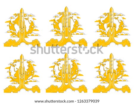 Rockets launch into undiscovered space with planet earth in background. Explore universe, breathtaking space science. Thin line 3d vector illustrations set isolated on white.