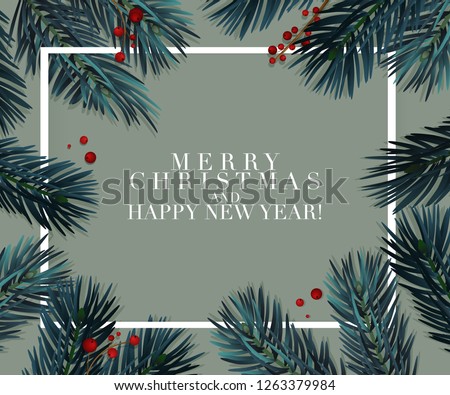 Vector Christmas tree fir greeting card. Great for flyers, posters, headers. realistic christmas, new year holiday decoration element - spruce tree with mistletoe, fir branches