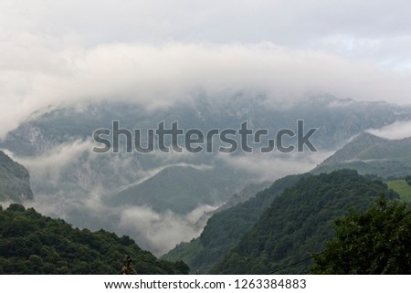 A misty morning on the mountains of the Picos de Europa, near Las Arenas de Cabrales, Asturias, Spain.
