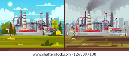 Vector background with environmental pollution. Before and after illustration - factory plant smokes with smog, grey sky and polluted grass. Ecology, nature concept - green trees and white clouds.