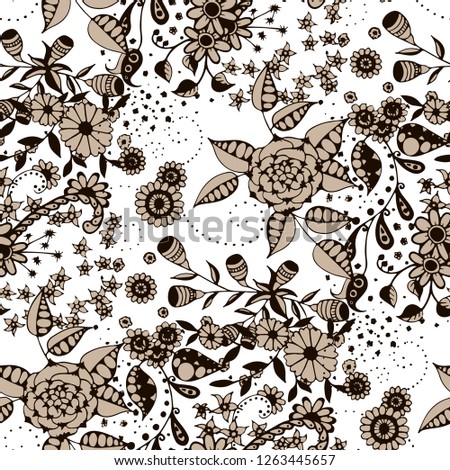 Vector Seamless Background with Wild Flowers in Country Style. Autumn Floral Texture with Hand Drawn Doodle Blossoms, Leaves and Buds. Small Natural Rapport for Chintz, Linen, Textile. Vector.