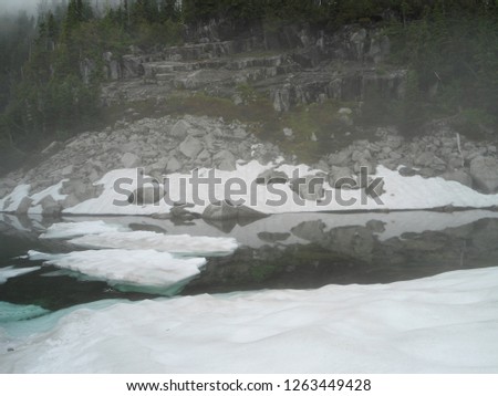 small lake on rocky mountain top  with floating ice surround by snow covered under heavy fog