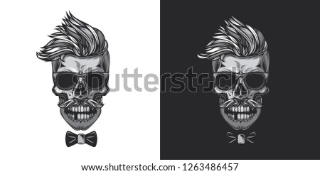 Hipster skull with glasses. Monochrome vector illustration on white and dark background.