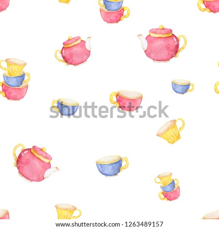Cups and kettle Watercolor vintage style clip art color red blue pattern on white background.
