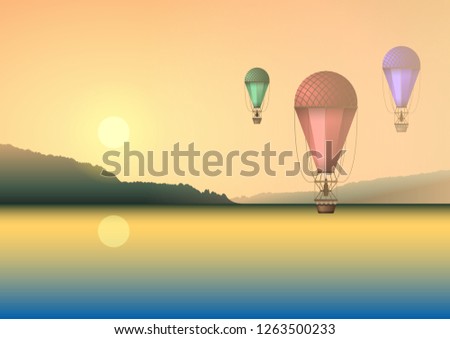 Air balloons of different colors on the background of a summer beautiful sunset or dawn, flying over the water, lake or river. Realistic Vector Illustration