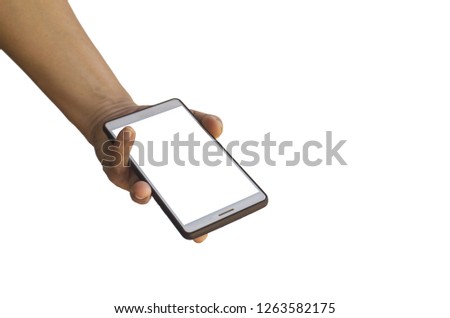 hand holding mobilephone touch screens and blank screens that are separate from the white background and have shortcuts