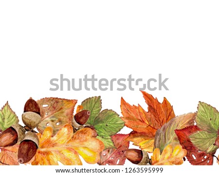Seamless horizontal border of autumn leaves and acorns. Watercolor