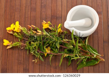 Evening primroses with mortar and pestle over wooden background Royalty-Free Stock Photo #126360029