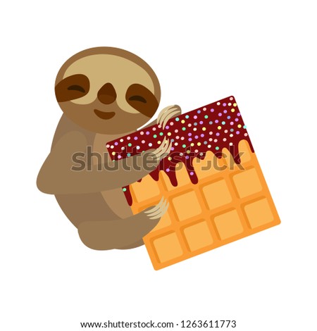 funny and cute smiling Three-toed sloth with Belgian waffle with chocolate and sprinkle on white background. 