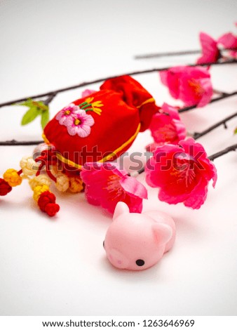 Decoration Piggy Chinese new year 2019 background, pink piggy  with white background, saving concept - Text space images. (with the character "fu" meaning fortune) - Image