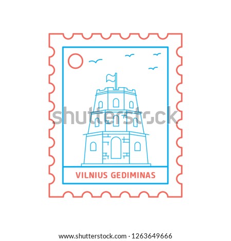 VILNIUS GEDIMINAS postage stamp Blue and red Line Style, vector illustration