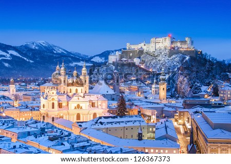 Beautiful view of the historic city of Salzburg with Festung Hohensalzburg in winter, Salzburger Land, Austria Royalty-Free Stock Photo #126367373