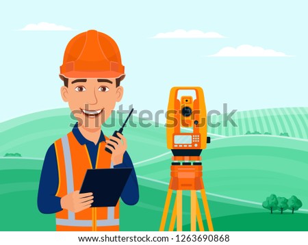 Surveyor, cadastral engineer, cartographer, cartoon smile character, theodolite, total station, surveying equipment. Summer landscape with green hills, fields and trees. Vector flat illustration. Royalty-Free Stock Photo #1263690868