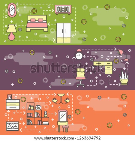 Bedroom web banner template set. Bedroom interior with furniture thin line art flat style design elements, icons, copy space.