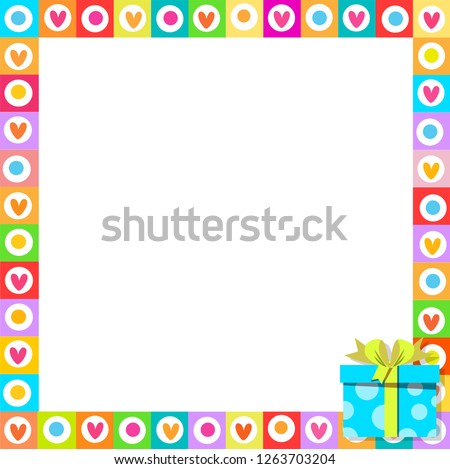 Vector cute vibrant border photo frame made of doodle hearts with bright blue gift box in corner. Multicolored template with copy space for christmas, Valentine, birthday invitation, flyer, postcard