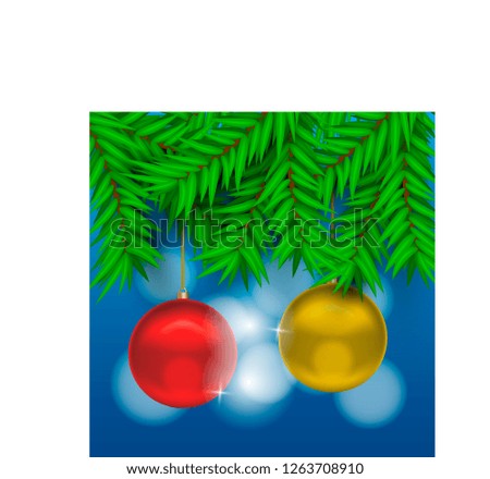 Christmas greeting card with pine tree, decorative balls and sparkling background. Vector illustration.