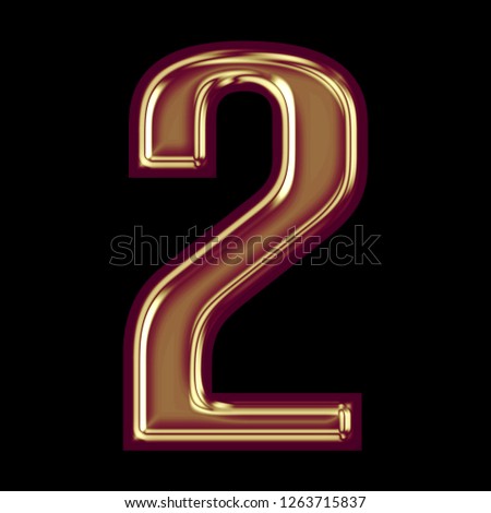 Colorful pink gold number two 2 in a 3D illustration with a shiny golden red style with glossy highlights in a rounded bold font isolated on a black background with clipping path