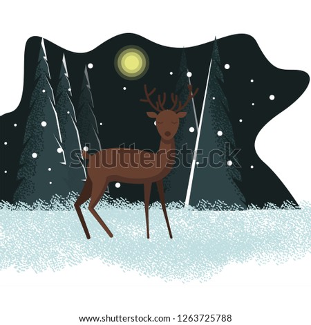 Vector winter holiday flat illustration with winter snow background and deer character in front, standing and looking in the forest in winter with the moon high above