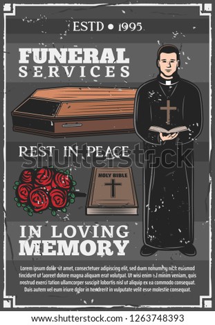 Funeral service, mortuary and burial ceremony agency or company poster. Vector priest with bible in church mass, memorial flowers wreath on coffin