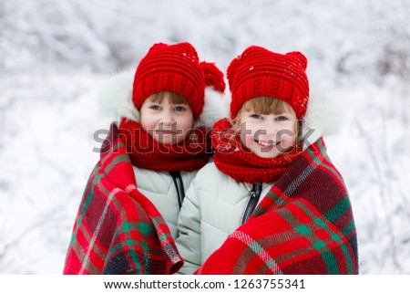 Smiling little sisters twins dressed in bright clothes are standing together covered with warm colorful plaid at blurred snowy background