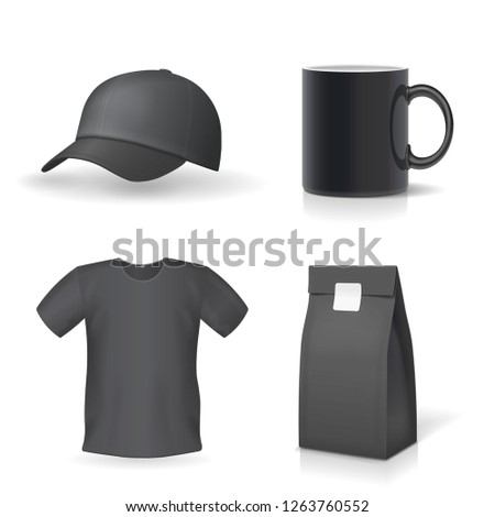 Classic black promotional souvenirs design set. Mug, t-shirt, cap