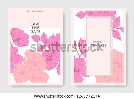 Vector Pink rosa canina. Floral botanical flower. Engraved ink art. Wedding background card floral decorative border. Thank you, rsvp, invitation elegant card illustration graphic set banner. Royalty-Free Stock Photo #1263772174