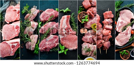 Photo collage Raw meat and steak. Top view.