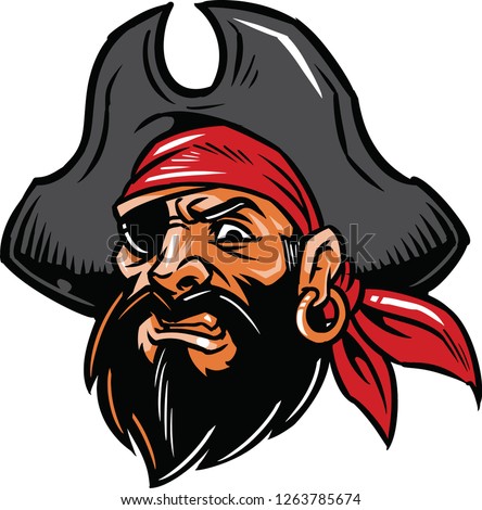 The illustration shows a pirate man with a big beard. He's wearing a huge black hat and a red bandanna, he has an eye patch and he's wearing an earring. Royalty-Free Stock Photo #1263785674